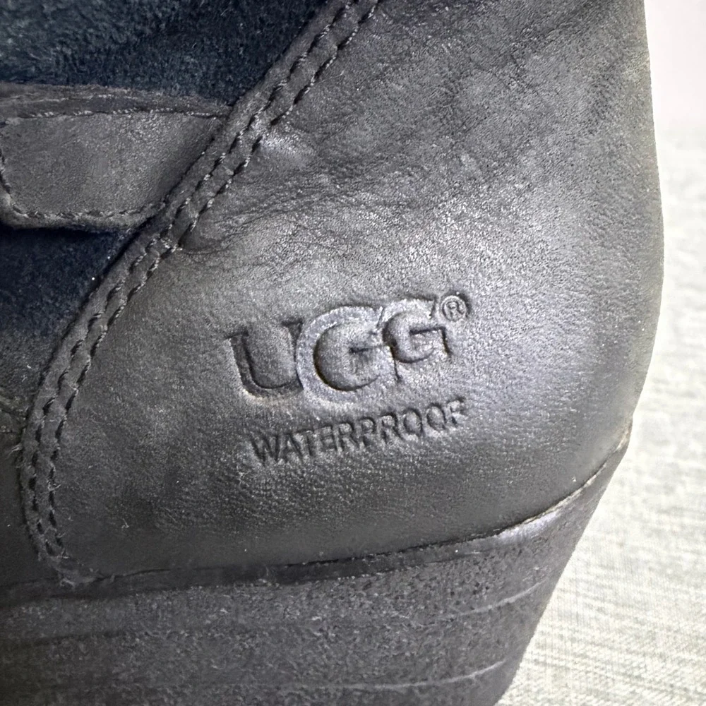 UGG Tall Boots Womens 8 Black Simmens Waterproof Suede Leather Wedge‎ Buckle